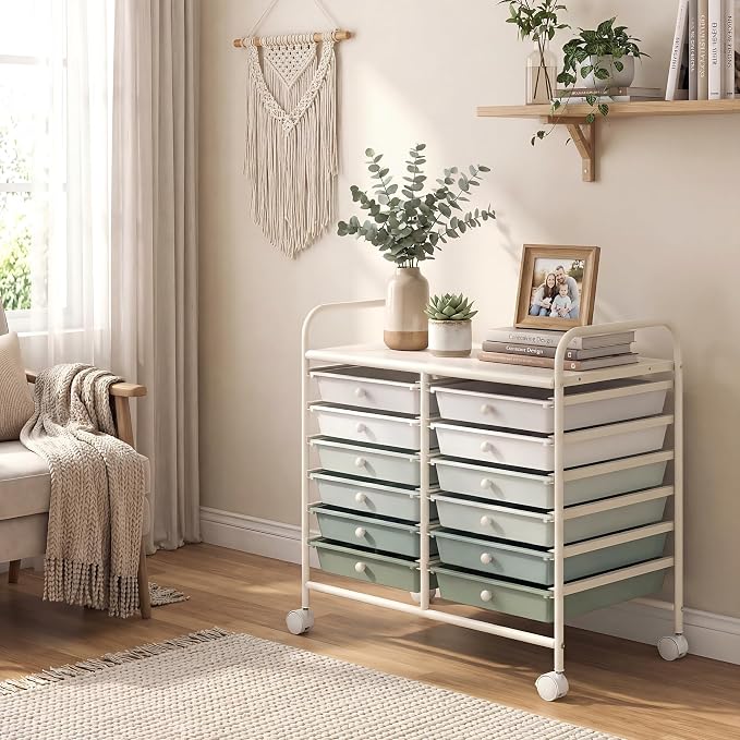 GOFLAME 12-Drawer Rolling Storage Cart, Art Craft Organizer Cart, Mobile Utility Storage Cart with Removable Drawers & Lockable Wheels, Craft Cart for Home Office School, Green Gradient - Image 9