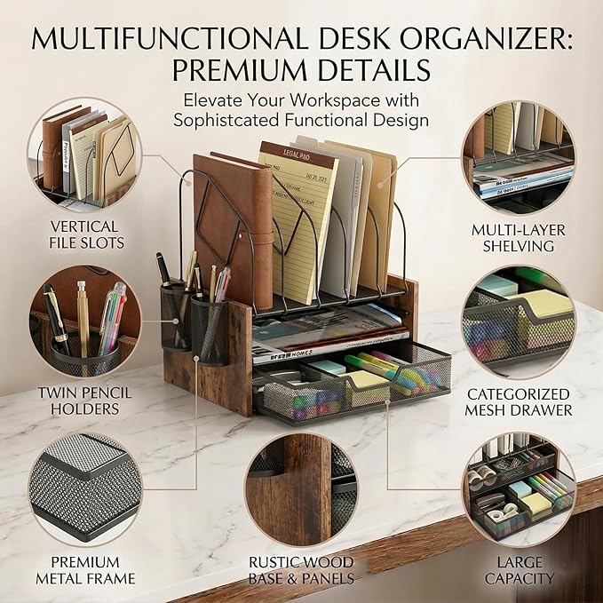 Desk Organizer with Drawer, Desktop File Organizer and Paper Tray Organizer with Vertical File Holder, Office Desk Accessories for Mail, Documents, Papers, Notebooks and Home Office Storage - Image 5