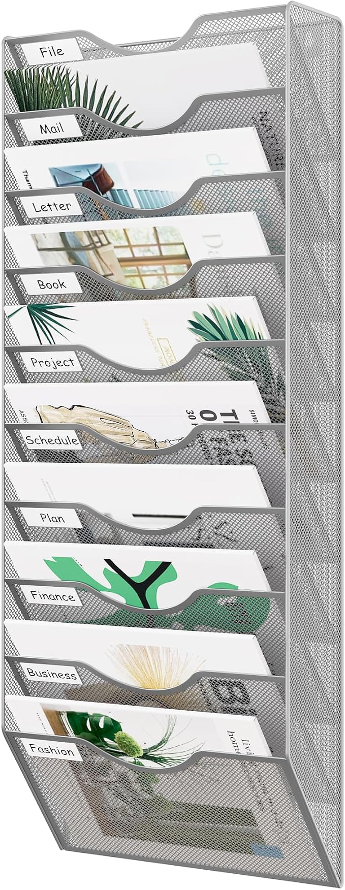 EasyPAG 10 Pocket Mesh Wall File Organizer, Hanging Paper Folder Holder with Classify Label, Vertical Wall Mount Mail Organizer for Office Home Classroom, Silver by EasyPAG