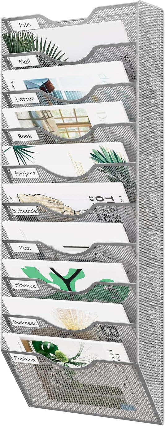 EasyPAG 10 Pocket Mesh Wall File Organizer, Hanging Paper Folder Holder with Classify Label, Vertical Wall Mount Mail Organizer for Office Home Classroom, Silver by EasyPAG