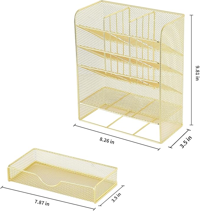 Spacrea Mesh Pen Organizer - Pencil Holder for Desk, Desk Organizer with Drawer for School, Home, Art Supplies (Gold) - Image 5