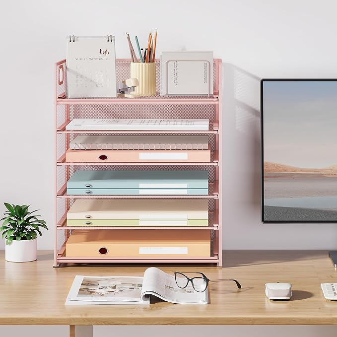 Subekyu 6 Tier Office File Paper Desk Tray Organizer with Handle, Stackable Slide Mesh Letter Tray Folder Pink Desk Organizer, Desktop Document Sorter for Classroom, Office, Home Supplies Storage - Image 7