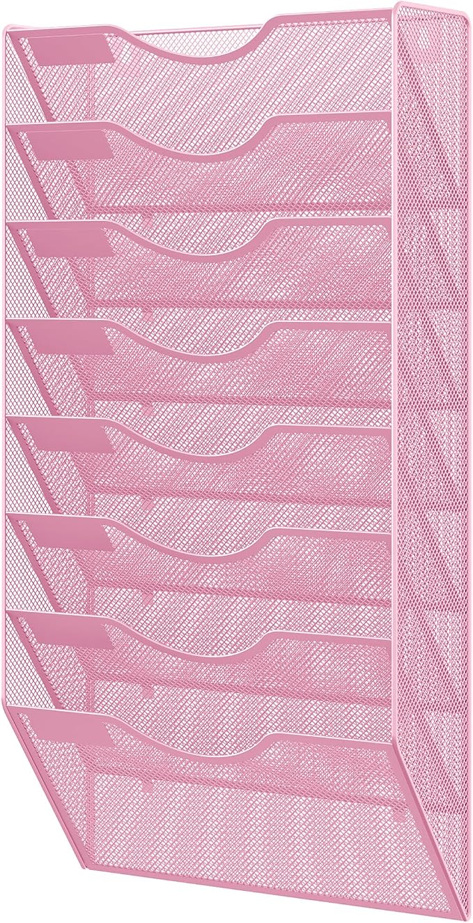 EasyPAG 8 Pocket Mesh Wall File Organizer, Hanging Paper Folder Holder with Classify Label, Vertical Wall Mount Mail Organizer for Office Home Classroom, Pink by EasyPAG
