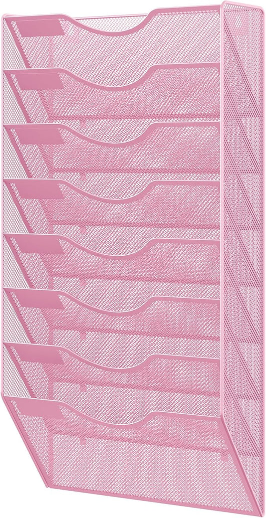 EasyPAG 8 Pocket Mesh Wall File Organizer, Hanging Paper Folder Holder with Classify Label, Vertical Wall Mount Mail Organizer for Office Home Classroom, Pink by EasyPAG