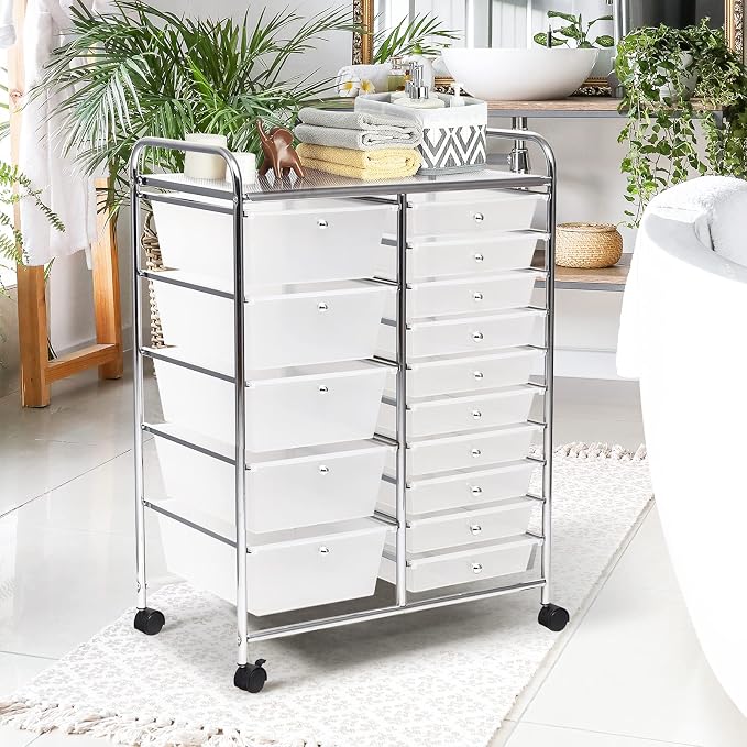 GOFLAME 15-Drawer Rolling Storage Cart, Craft Storage Cart with Removable Drawers & Lockable Wheels, Art Cart Supply Storage Organizer for Home Office Classroom, Clear - Image 9