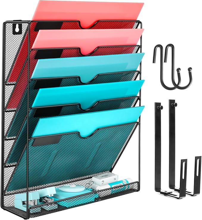 Wall File Organizer, 10 Pockets and 6 Pockets Mesh Hanging File Organizer, Wall Mount File Holder With Hooks, Wall Organizer Magazine Rack for Office Supplies - Image 4