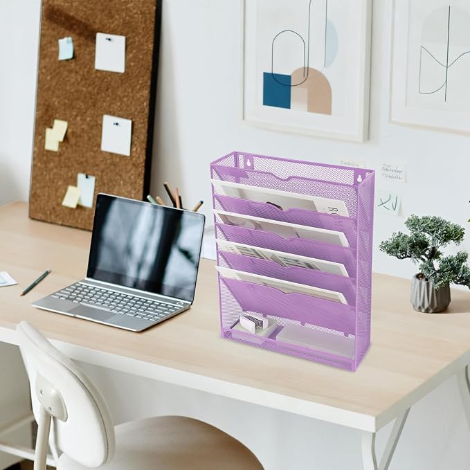 6 Tier Mesh Hanging Wall File Organizer, Desk Vertical Mail Paper Document Folder Holder Rack with Bottom Tray and Nametag Label for Office Home School, Light Purple - Image 7