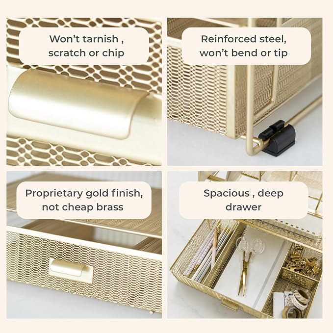 BLU MONACO | Gold Desk Organizer With Drawer | Metal Mesh File Holder & Vertical File Organizer | Desktop Storage for Office Supplies, Papers & Folders | 9.3" D x 13" W x 14" H - Image 5