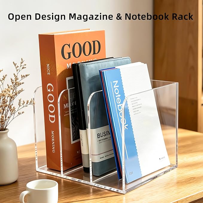 Clear Acrylic 3-Slot Magazine File Holder, Vertical Desk Organizer | 3 extra-wide compartments hold magazines, files, books, tablets. 5mm thick clear acrylic, non-slip base. No assembly. - Image 6