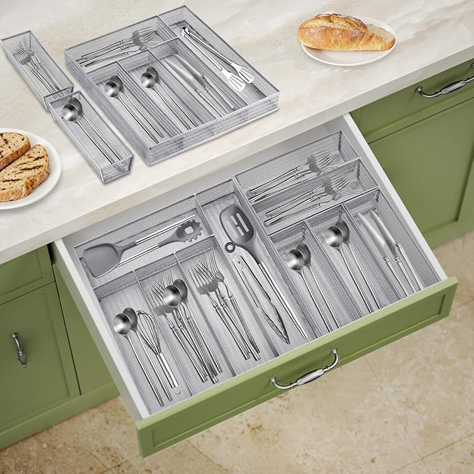 Neudeco Drawer Organizer Set, Silver Mesh, 6 Pack | 5-Compartment Silverware Tray, 5 Utensil Trays, Non-Slip, For Flatware, Cutlery, Office Supplies - Image 7