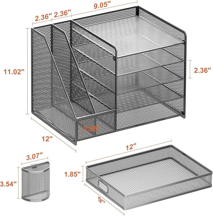 Marbrasse 5-Tier Paper Letter Tray Organizer with Drawer and Pen Holder, Mesh Desktop Organizer and Storage with Magazine Holder for Office Supplies (Grey) - Image 6