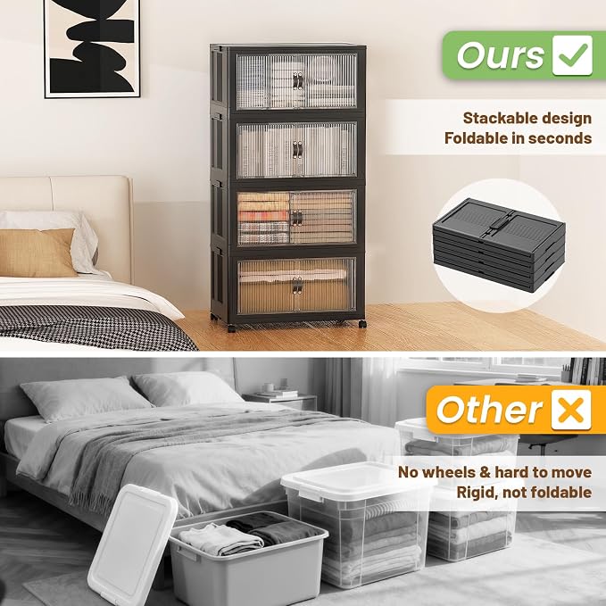 SAILUN 260Qt Stackable Storage Bins,Storage Cabinet with a Lid,4 Pack Black | Stackable Storage Drawers with Lids,22" W x 13" D x 50" H,Featuring open-front Access for Clothes and Closet Storage - Image 6