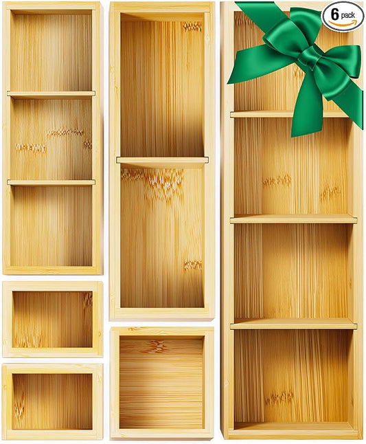 Bamboo Drawer Organizer Set, 6 PCS Trays with 12 Compartments | Natural Bamboo, Flexible Modular Trays, Water-Resistant, Stackable Design, Adjustable, Excellent Organization, Easy to Clean by VA1KENE