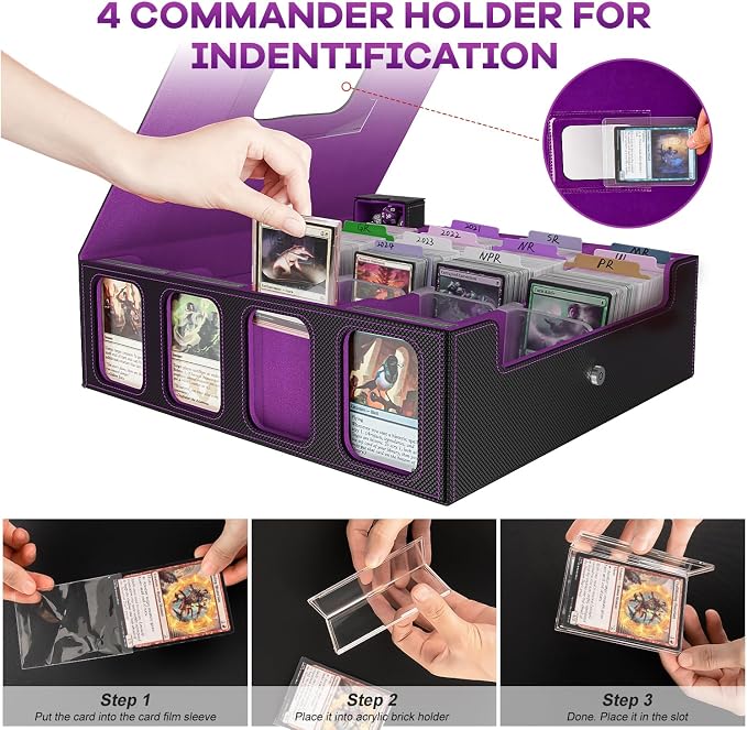 Trading Card Storage Box - 3200+ MTG Deck Box with Commander Display & Portable Handle, 4-Row Card Case Compatible for MTG/TCG/Magic Cards, 30 Colorful Divider, 8 Card Supporters (Black & Purple) - Image 3
