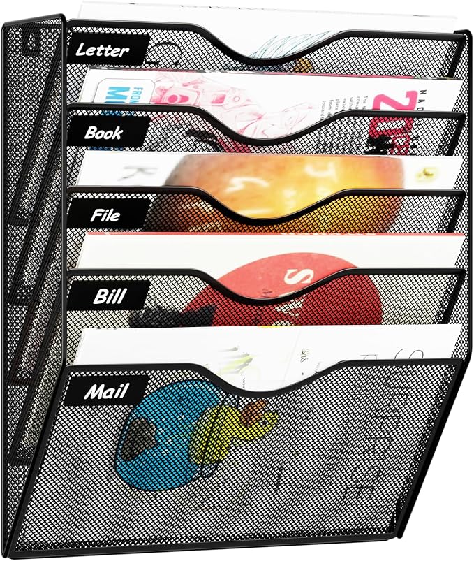 5 Pockets Hanging Wall File Organizer Mail Holder, Wall Mounted Paper Document Folder Holder, Clipboard Storage Organization Magazine Rack, Black by GDINDINFAN