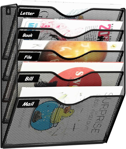 5 Pockets Hanging Wall File Organizer Mail Holder, Wall Mounted Paper Document Folder Holder, Clipboard Storage Organization Magazine Rack, Black by GDINDINFAN