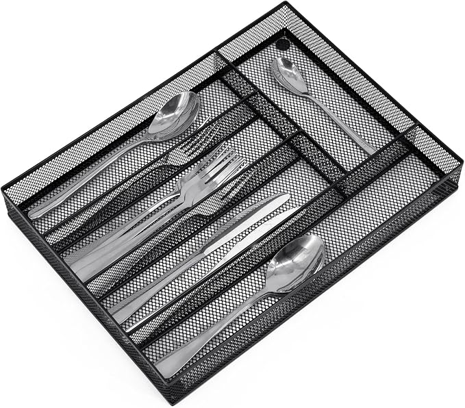 Neudeco Silverware Drawer Organizer, Black | 5 Compartment, Mesh Wire, Non-Slip Feet, Cutlery Tray by Neudeco