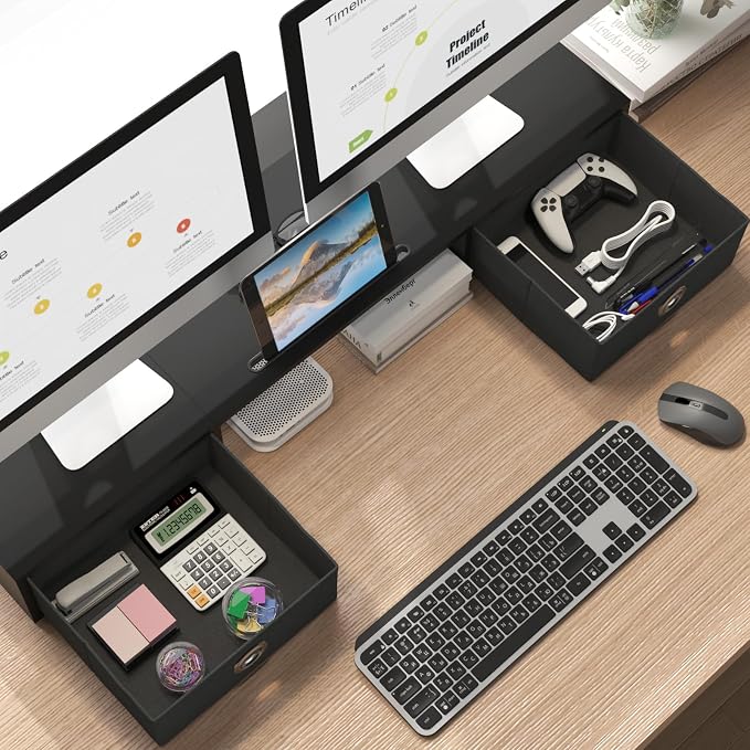 WESTREE Dual Monitor Stand Riser with Two Drawers, Extra Large Storage Monitor Stand for 2 Monitors, Desktop Oraganizer Stand for Computer,Laptop,Screen,Printer,TV - Image 2