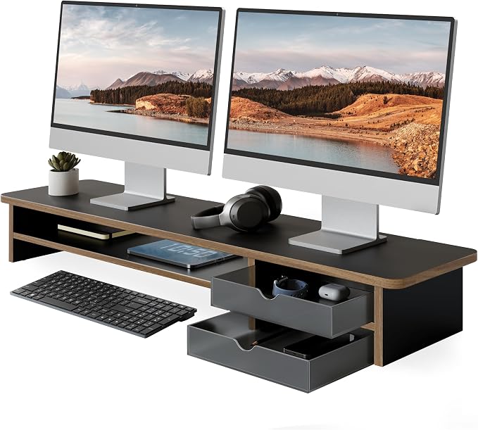 Fenge Monitor Stand, Desk Computer Riser with Frosted Storage Drawer, Black | 42.5 Inch Dual Monitor Riser, 2 Tiers, Cable Management, Desk Shelf for 2 Monitors, Ultrawide Screen, Laptop, TV, Home Office by Fenge