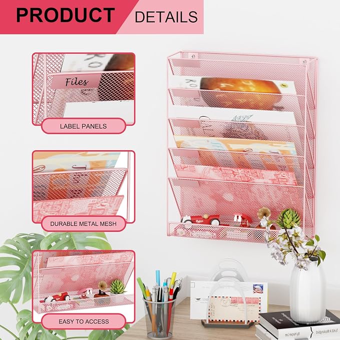 Wall File Organizer Holder Mesh Hanging Paper Document Holder, Vertical 6 Pocket Tier for Office Home, Light Pink - Image 4