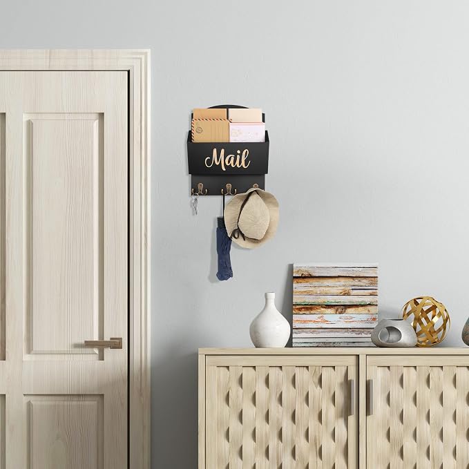Mail Organizer Wall Mount, Wooden Mail Sorter Wall Mounted with 3 Double Hooks, Mail Letter Holder and Key Holder for Home Entryway Hallway Office Room Wall Decorative - Image 3