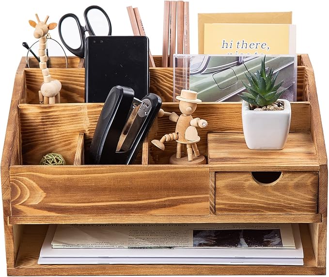 Wood Desk Drawer Organizers with File Organizer Pen holder Decor combo for Desk Organization, Office Desks, Home can arrange calculators, scissors, pens, note papers, etc. (Baked color) - Image 3