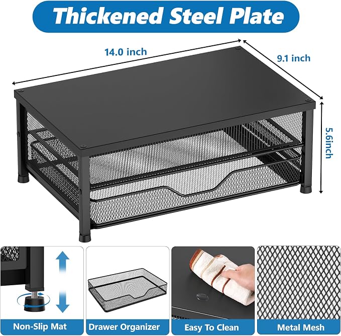 Computer Monitor Stand Riser, Desk Organizer with Drawer, Printer & Laptop Stand, Office Desk Accessories & Workspace Desktop Organizers Storage for Office Supplies(Black) - Image 8