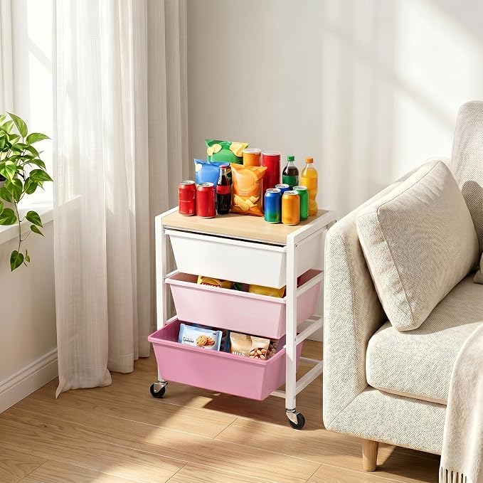 Rolling Cart with 3 Drawers, Plastic Drawer Storage Carts with Lockable Wheels & Wooden Tabletop, Metal Art Craft Utility Cart Organizer for Home Office Bedroom Dorm Bedside Classroom, Bright Pink - Image 5