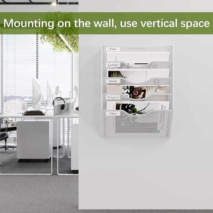 EasyPAG Wall File Organizer 5 Tier Hanging Paper Folder Holder, Zero Assembly Metal Mesh Wall Mounted Mail Organizer for Office Home Classroom Narrow Spaces, White - Image 5