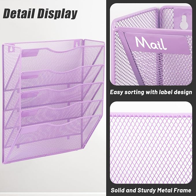 5 Pocket Mesh Hanging Wall File Organizer, Wall Mounted Mail Paper Document Folder Holder, Clipboard Storage Organization Magazine Rack with Nametag Label for Office Home School, Light Purple - Image 4