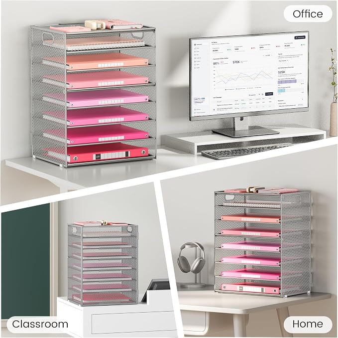Lavatino 8-Tier Office Desk File Organizer, Letter Tray Paper Organizer with Handle, Including 5 Adjustable Slide Trays for Organizing Desktop Workspace Accessories and Supplies (Silver Metal Mesh) - Image 7