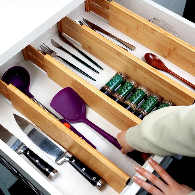 Utoplike Bamboo Drawer Dividers Large, 4" High Kitchen Drawers Organizer | Adjustable, Spring Loaded, Works in Bathroom, Bedroom, Dresser, Office, 4pcs for Clothing, Fit for 18.6"-20.6" Inner Drawer - Image 5