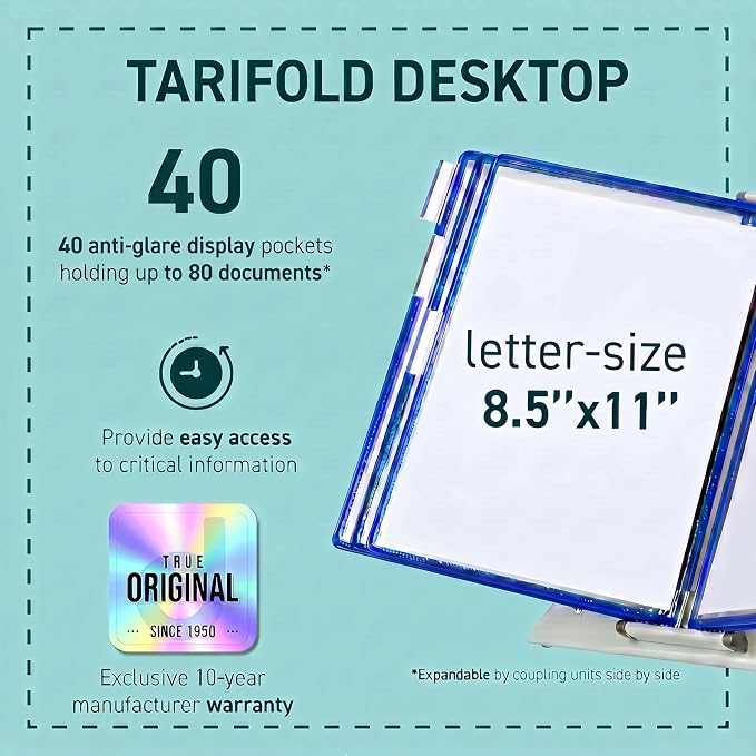 Tarifold Desktop Reference Display System, 40 Pockets, Expandable, Blue | 40 Double-Sided PVC Pockets, Holds 80 Letter-Size Sheets, Sturdy Metal Base, Quick-Find Indexing, Quick and Easy to Assemble - Image 2