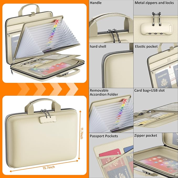 Tamfile Fireproof File Organizer with Lock,Hard Case Fireproof Document Box | 13 Transparent Pockets Accordion File Folder, Office Important Document Organizer for Letter A4 Files Laptop Passports, Beige - Image 4