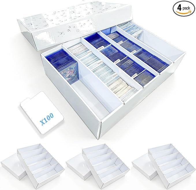 4-PACK 5 Row Trading Card Storage Box for 5000ct TCG / 3000ct Sports Cards | 4-Flap Structure Bulk Card Storage Box, Fit Sleeved / Toploaders / Magnetic Holders, Cardboard Storage Box With Divider by Odjas