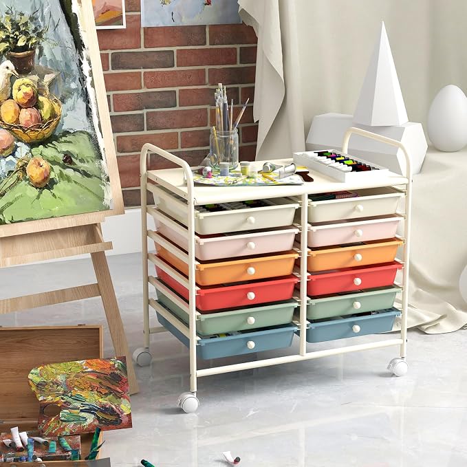 GOFLAME 12-Drawer Rolling Storage Cart, Multifunctional Art Craft Organizer Cart, Mobile Utility Storage Cart with Removable Drawers & Lockable Wheels, Craft Cart for Home Office School, Macaron Color - Image 8