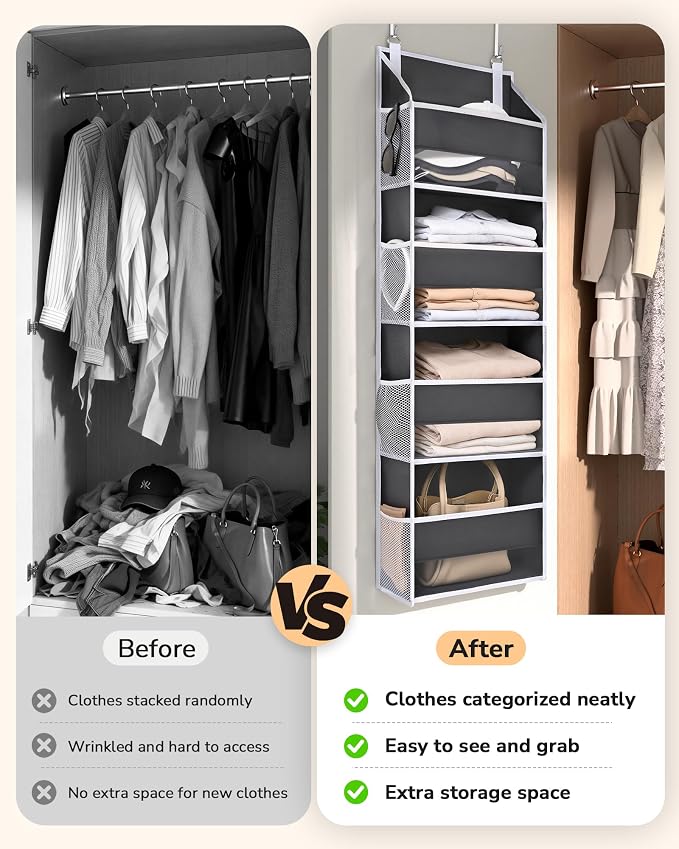 ULG 2 Pack Small Over Door Organizer with 4 Large Pockets 8 Mesh Side Pockets, Hanging Storage Organizer with Clear Window Kids Toys Deep Gray - Image 5
