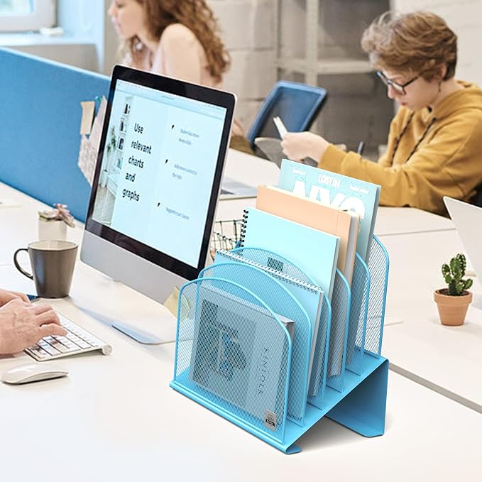 Delifox Inclined Desk File Organizer,Vertical File Folder Holder Stand Metal Rack File Sorter for Office Classroom Desktop Organization (2, Blue, 5) - Image 7