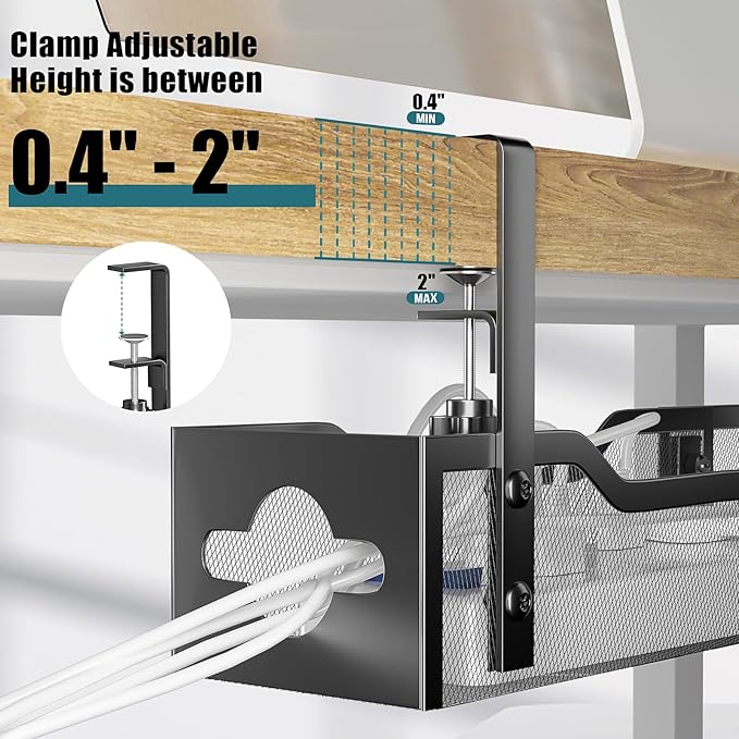 Under Desk Cable Management Tray Black, Litwaro Cable Management Under Desk No Drill, 25'' Cable Tray with Clamp for Wire Management, Cord Organizer for Office, Home - No Damage to Table - Image 3