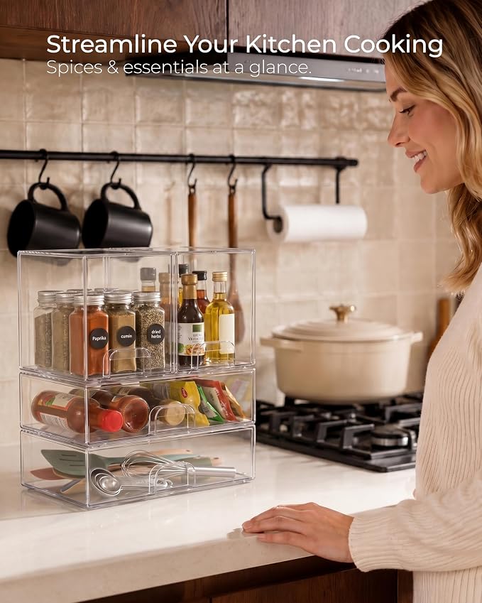 Stackable Storage Drawers Organizer Set of 4 for Bathroom Organizer Storage | Clear Plastic Organizer Bins for Baby Bottle, Kitchen Under Sink, Laundry, Pantry, Beauty, Cabinet, Medicine, Office Supplies - Image 4
