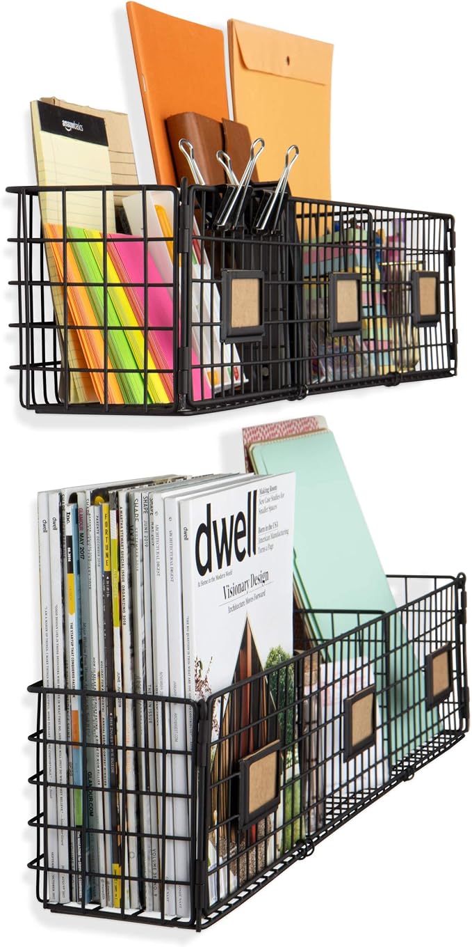 Amalfi Hanging File Folders Office Desk Organizer Wall Mount Wire Basket Storage Magazine Holder 3 Sectional Set of 2 Black - Image 7
