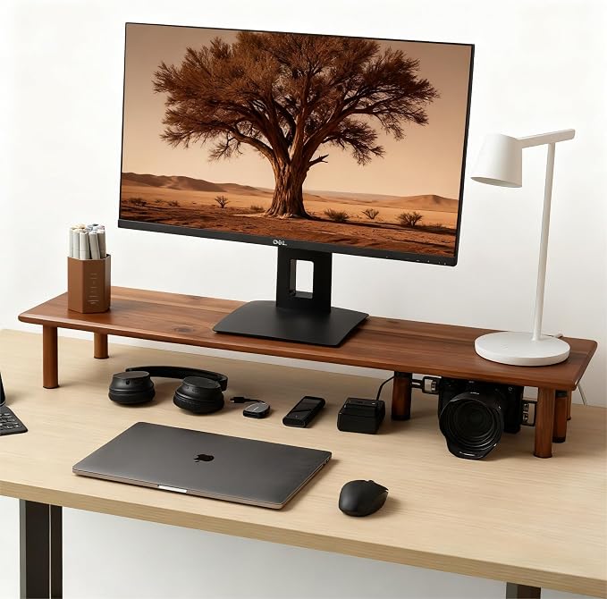 Dual Monitor Stand Riser, Acacia Wood Desktop Shelf with Storage | 39.37-Inch Wide, Under-Shelf Storage for Keyboard, Mouse and Laptop, Fits Two 24-Inch Monitors in Home Office by Rocdeer