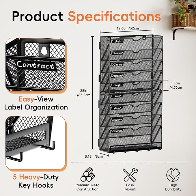 10-Tier Wall File Organizer with Hook, Hanging File Organizer Black | Wall-mounted mail storage holds papers, folders, files, clipboards and magazines, assembly required for office or home use. - Image 2