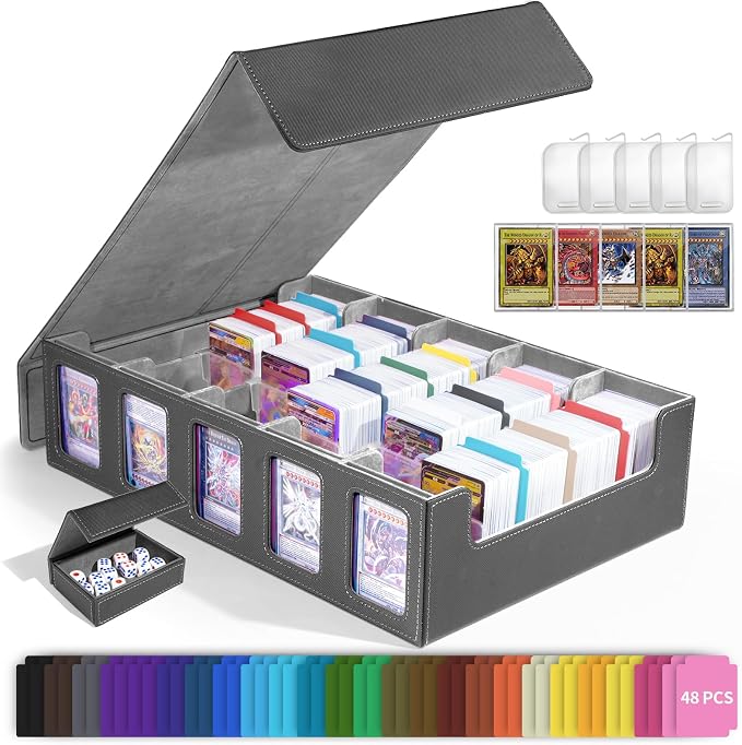 Trading Card Storage Box with Commander Display, 5-Row Deck Case with Removable Lid, 3900+ Cards Deck Case with 48 Colorful Dividers, Magic Card Organizer for TCG PTCG, Black Grey by Unknown