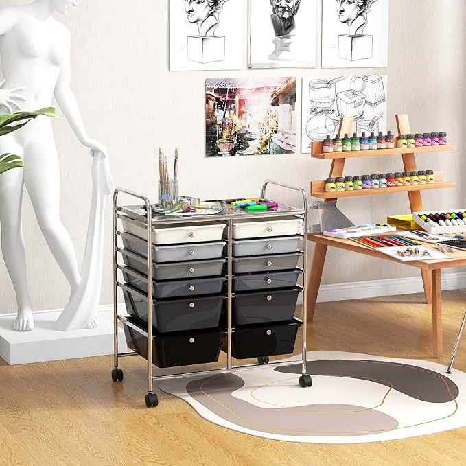 GOFLAME 12-Drawer Rolling Storage Cart, Multipurpose Organizer Cart with 2 Sizes Plastic Drawers, Mobile Utility Cart with Lockable Casters for School, Home Office, Beauty Salon, Gradient Grey - Image 2