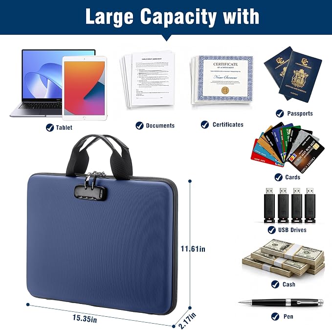 Fireproof Document Box with Lock, Hard-Shell Case Fireproof File Organizer with 13 Pocket Accordion File Folder, Portable Home Office Travel Safe Storage for Important Documents Laptop - Image 5