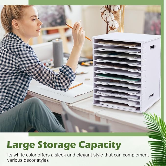 12 Tier 8.5" x 11" Scrapbook Paper Organizer, White Cardstock File Organizer with Adjustable Shelves, Stackable Paper Trays, Desktop Storage Rack Document Holder for Desk Home Office - Image 6