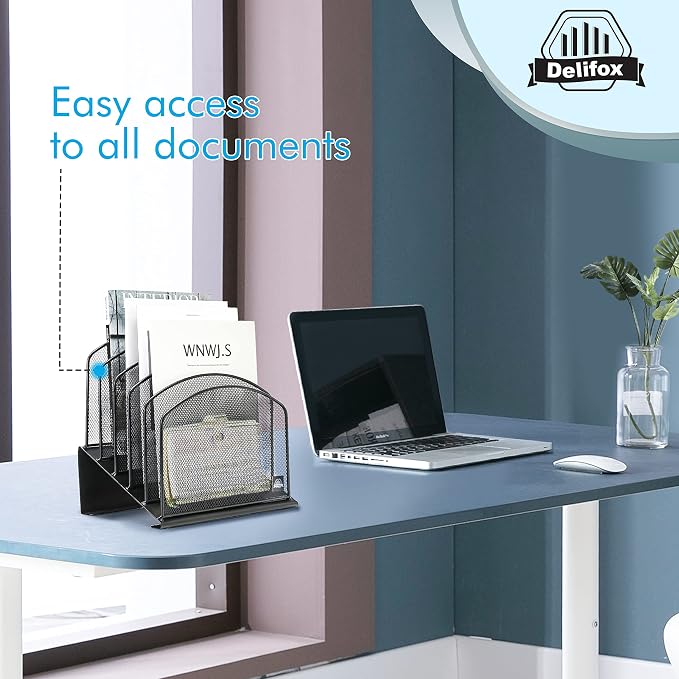 Delifox Inclined Desk File Organizer,Vertical File Folder Holder Stand Metal Rack File Sorter for Office Classroom Desktop Organization (1, Black, 5) - Image 5