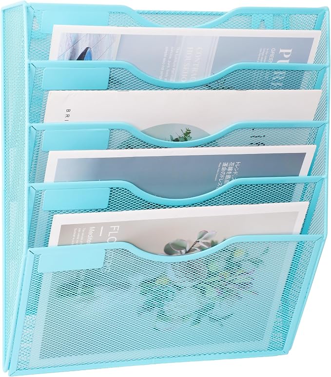 5 Pocket Mesh Hanging Wall File Organizer, Wall Mounted Mail Paper Document Folder Holder, Clipboard Storage Organization Magazine Rack with Nametag Label for Office Home School, Blue - Image 2