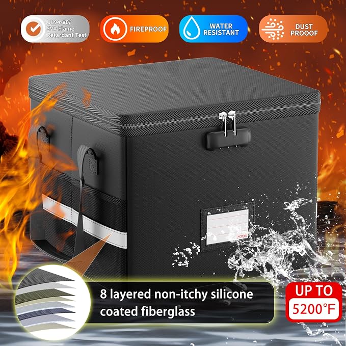 ENGPOW 5200°F Fireproof Document Box with Lock, Heat Insulated Collapsible File Storage Organizer with Handle, Portable Home Office File Cabinet for Hanging Letter/Legal Size Folder, Black - Image 3